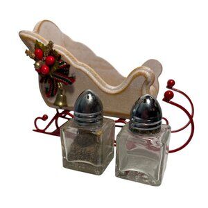 Wooden Sleigh W/ Glass Salt & Pepper Shakers Taiwan Christmas Farmhouse Vintage